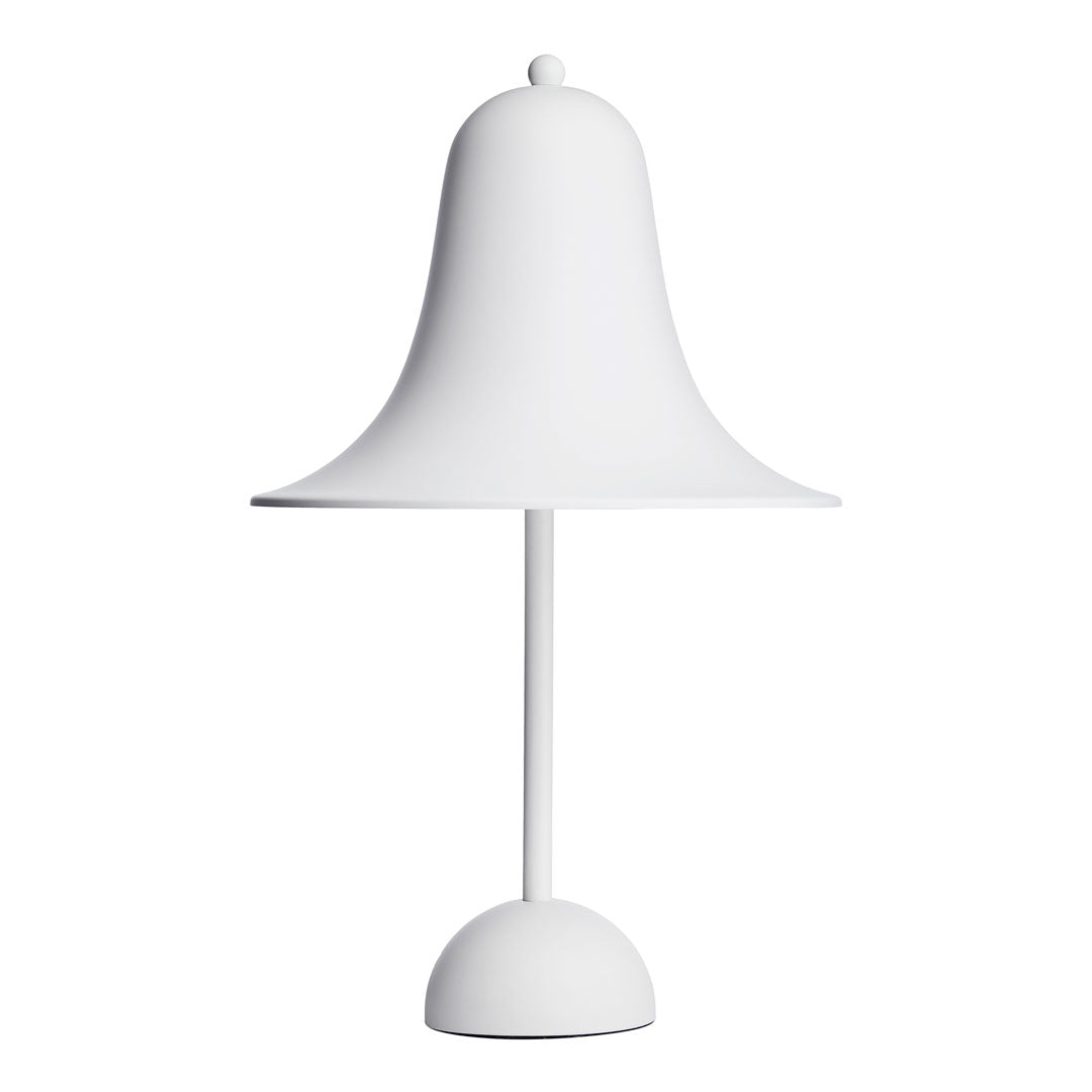 White bell-shaped lamp on a sleek white base, featuring a smooth, minimalist design with no patterns.