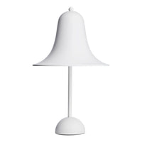 White bell-shaped lamp on a sleek white base, featuring a smooth, minimalist design with no patterns.