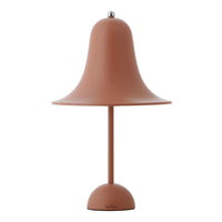Modern bell-shaped table lamp in soft terracotta color with a sleek metallic accent. Stylish and minimalistic design.