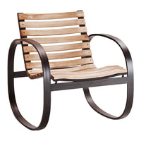 Wooden slatted rocking chair with a natural finish and sleek black metal frame, showcasing a modern design.