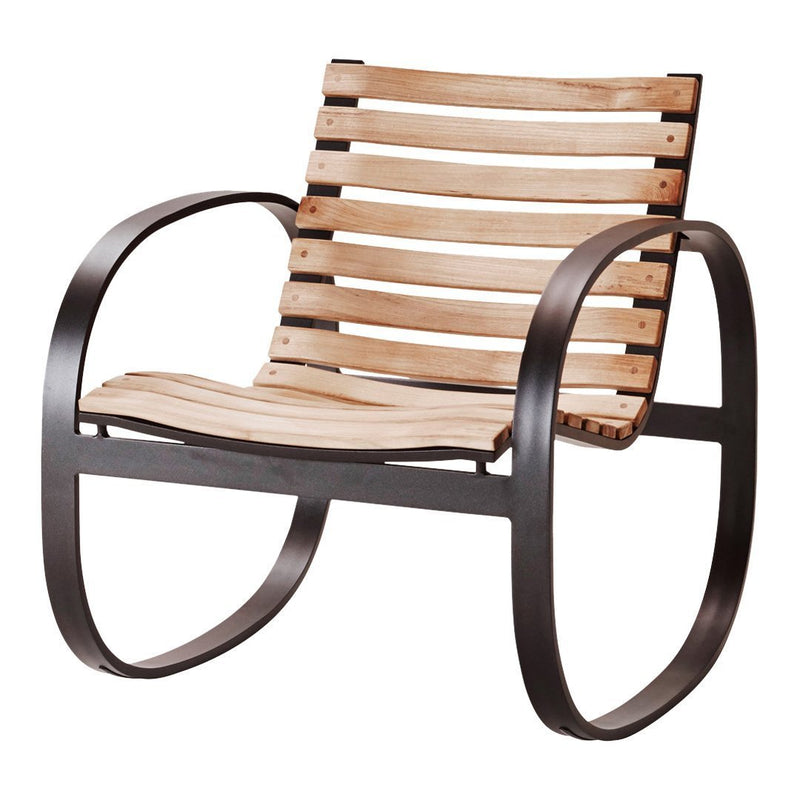Natural wood slats with a warm finish on a sleek black metal frame, featuring simple, modern lines and a rustic aesthetic.