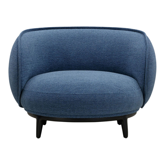 Round blue accent chair with textured upholstery and sleek black legs, perfect for modern home decor.