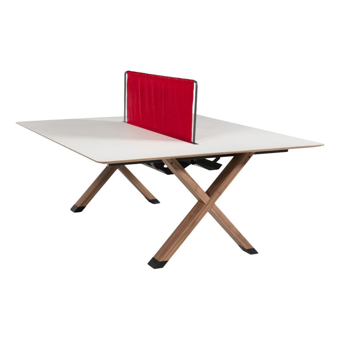 White tabletop with red netting and wooden legs, featuring a modern, minimalist design and clean lines.