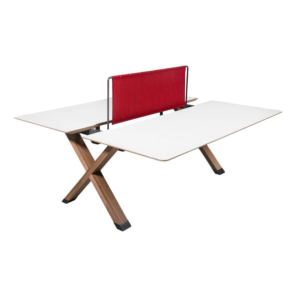 Modern white tabletop with warm wood accents and a vibrant red screen, featuring a sleek, contemporary design.