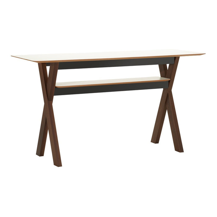 Light wooden tabletop with a contrasting dark wood base. Modern, minimalist design featuring clean lines.