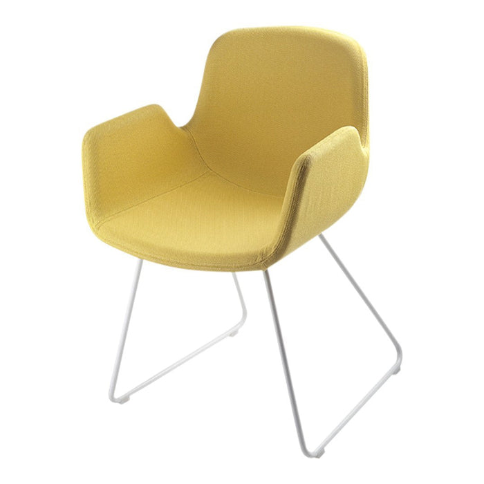 Bright yellow chair with a smooth finish and minimalist design, featuring a sturdy white metal base.