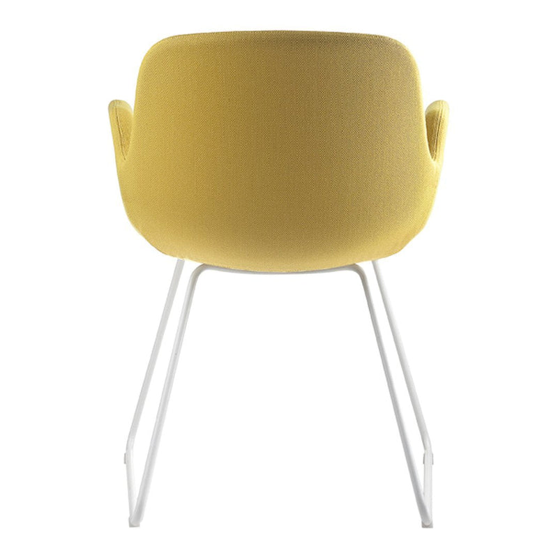 Yellow upholstered chair with smooth fabric and white metal legs, showcasing a modern minimalist design.