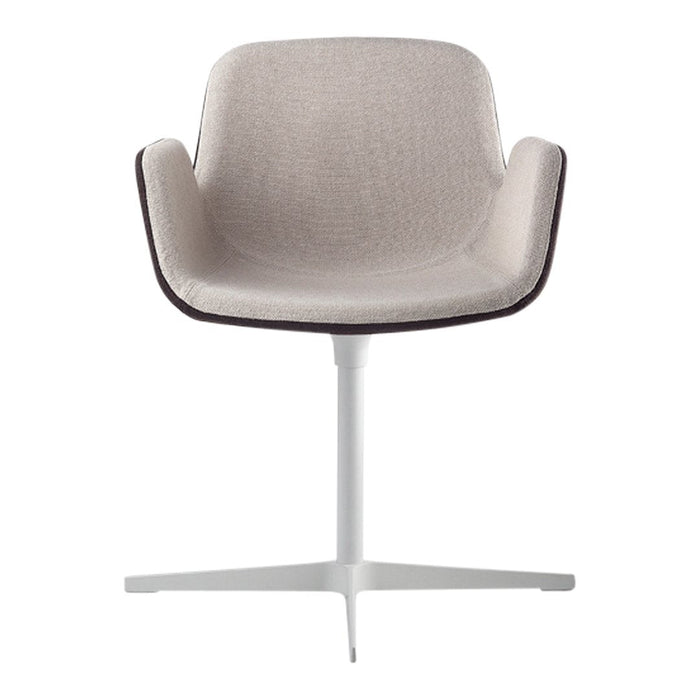 Light beige upholstered chair with a subtle texture, contrasting dark trim, and a sleek white metal base.
