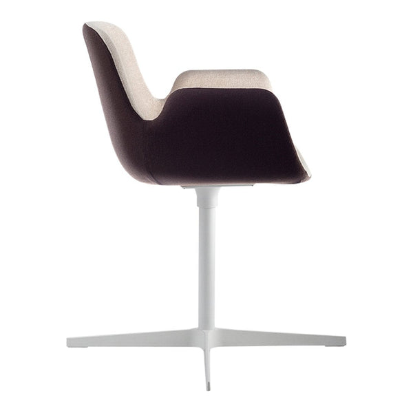 Velvet chair in deep purple and soft beige, featuring a sleek white base and modern design.