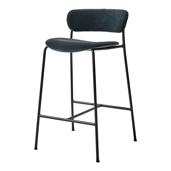 Stylish black metal bar stool with a soft teal upholstered seat and backrest, featuring a minimalist design.