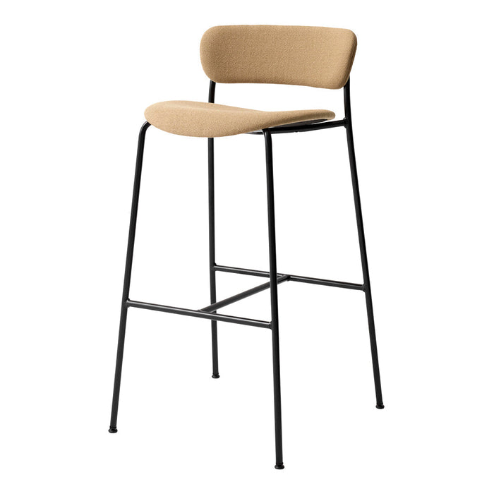 Beige upholstered bar stool with a minimalist black metal frame, offering a modern and stylish aesthetic.