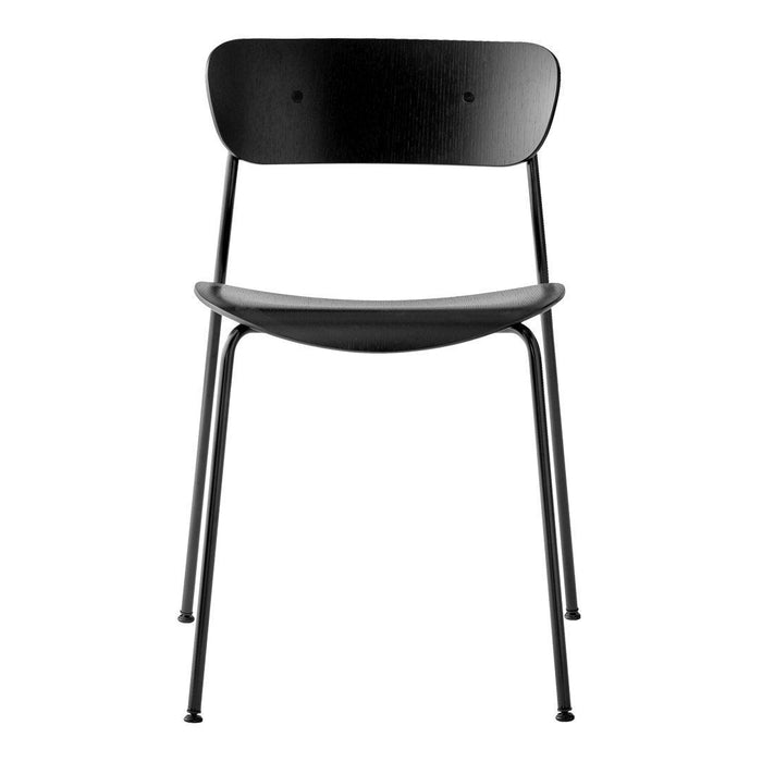 Black wooden chair with a sleek, minimalist design and smooth, curved surfaces. Perfect for modern decor.
