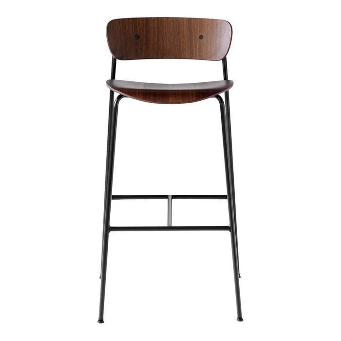 Modern wooden bar stool with a rich walnut finish and sleek black metal legs, featuring a minimalist design.