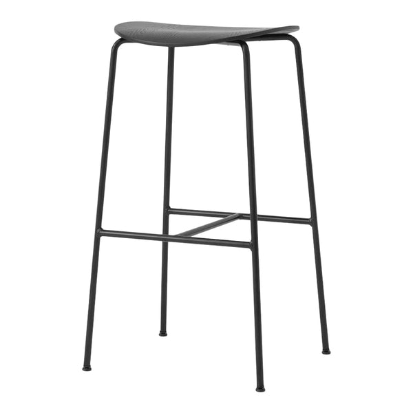 Sleek black metal bar stool with a smooth gray seat, perfect for modern decor. Minimalist design with clean lines.