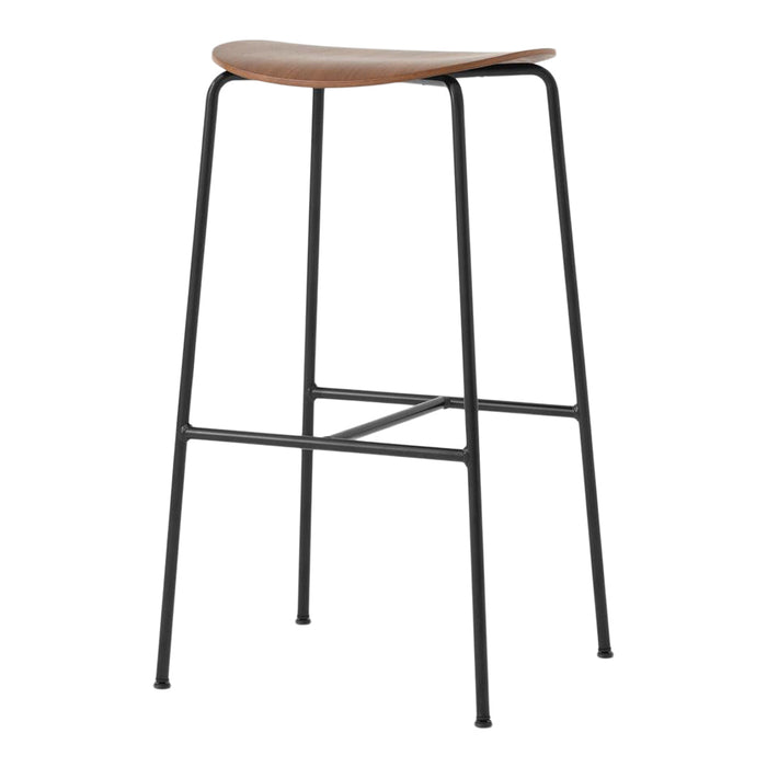 Natural wood seat with a smooth, curved surface atop sleek black metal legs, showcasing a modern minimalist design.