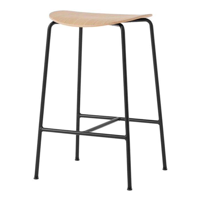 Natural wood seat with a smooth finish and sleek black metal legs, showcasing a modern minimalist design.