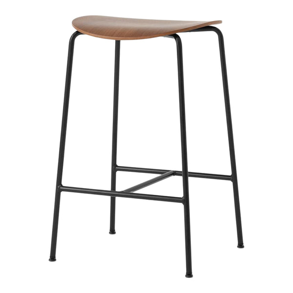 "Minimalist black metal bar stool with a smooth, warm wood seat in a natural finish."