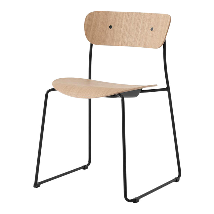 Modern wooden chair with a natural wood grain finish and sleek black metal legs. Minimalist design and neutral colors.