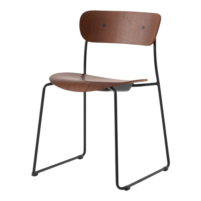 Brown wooden chair with a sleek black metal frame, featuring a smooth finish and minimalist design.