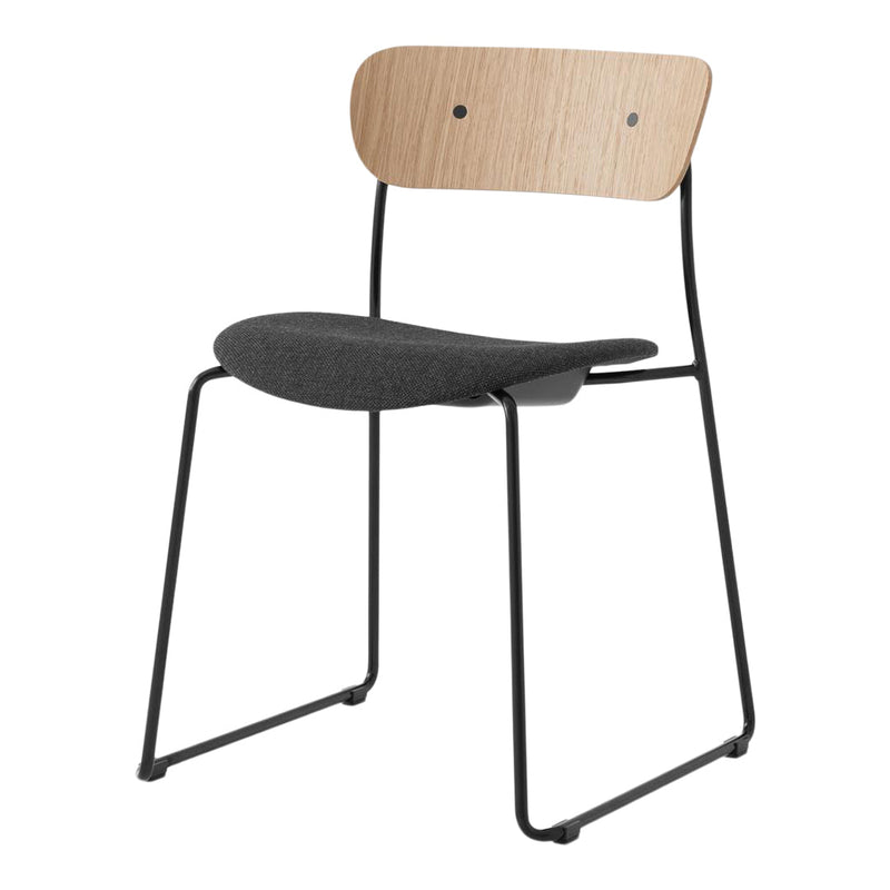 Minimalist chair featuring a natural wood backrest and a dark gray upholstered seat with a sleek black metal frame.