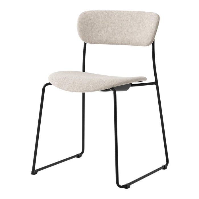 Beige upholstered chair with a smooth texture and minimalist black metal frame. Modern design for versatile styling.