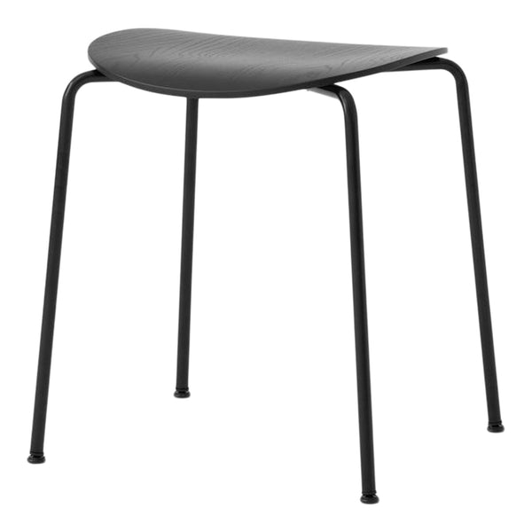 Gray stool with a smooth, curved seat and sleek black metal legs. Minimalist design with modern aesthetic.