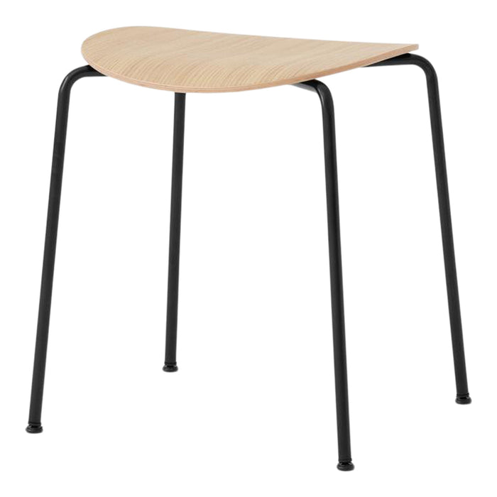 Minimalist wooden stool with a natural wood finish and sleek black metal legs. Perfect for modern decor.