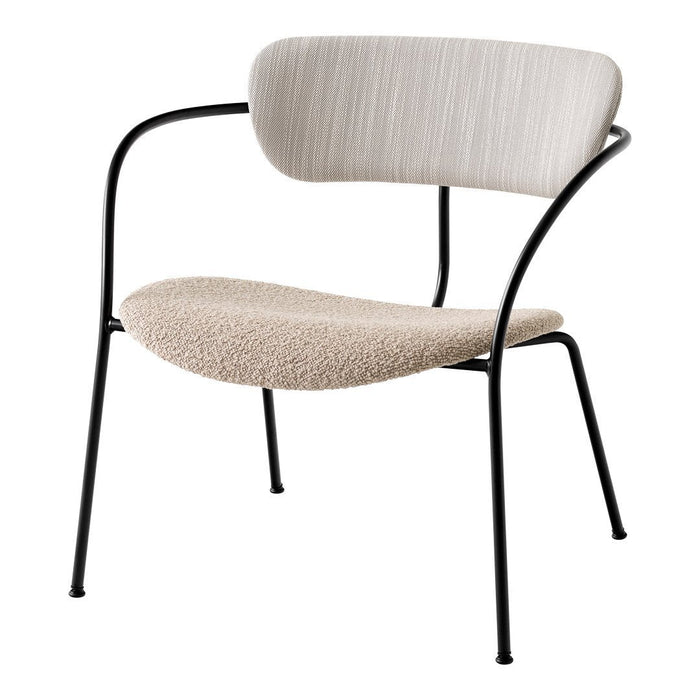 "Modern chair with textured beige upholstery and sleek black metal frame, featuring minimalistic design."