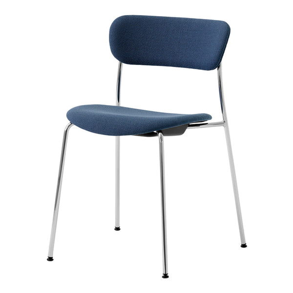 Stylish blue upholstered chair with a sleek chrome frame, featuring a minimalist design and smooth, modern lines.