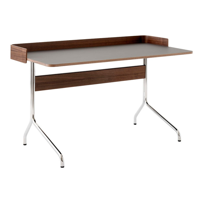 Brown wood and gray surface desk with sleek chrome legs. Modern design featuring clean lines and minimalistic style.