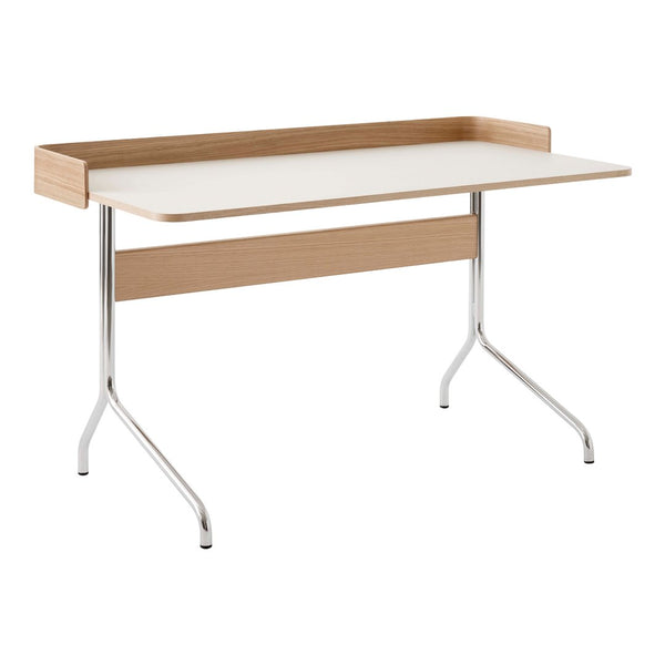 Modern desk featuring a white top and light wood accents with sleek chrome legs, perfect for contemporary spaces.