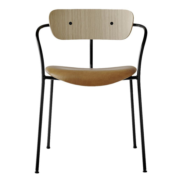 Natural wood backrest with a tan seat and black metal frame, featuring a minimalist design. Perfect for modern decor.
