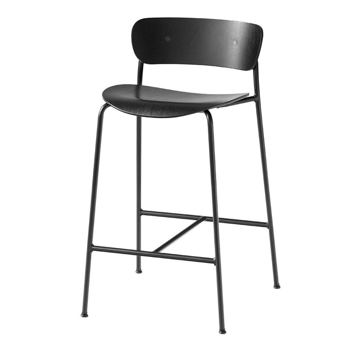Black bar stool with a simple, sleek design and smooth finish, featuring a solid black seat and backrest.