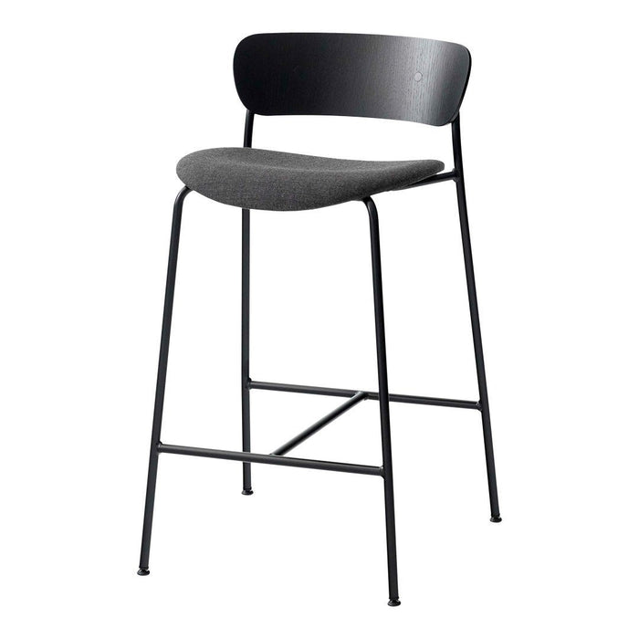 Modern black bar stool with a sleek metal frame and a gray upholstered seat. Simple, minimalistic design.