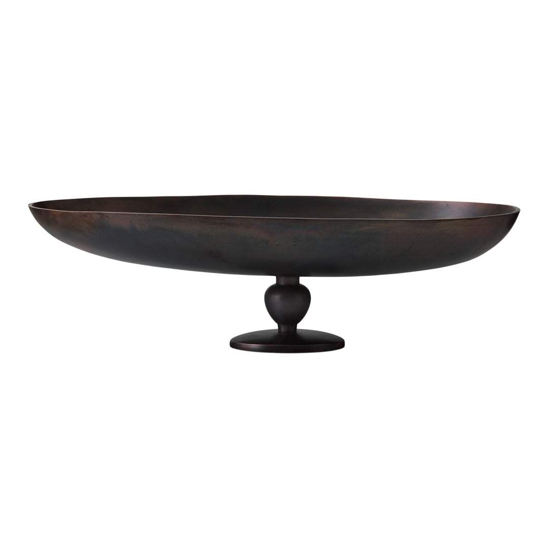 Black metal centerpiece bowl with a smooth, round shape and subtle bronze accents. Perfect for any decor style.