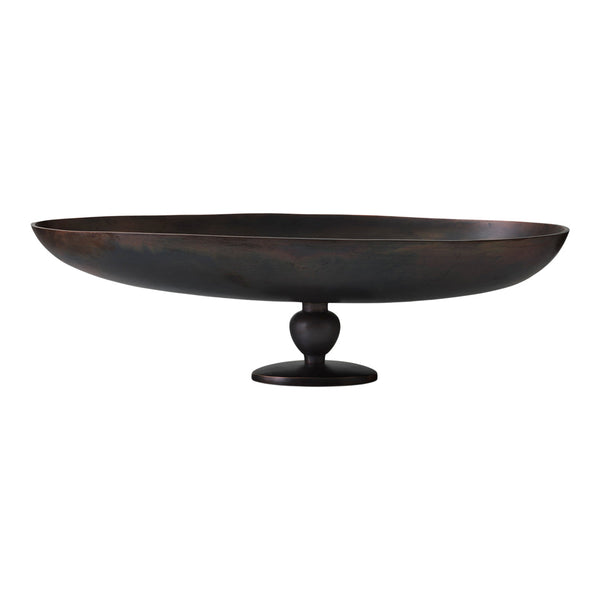 Black metal centerpiece bowl with a smooth, round shape and subtle bronze accents. Perfect for any decor style.
