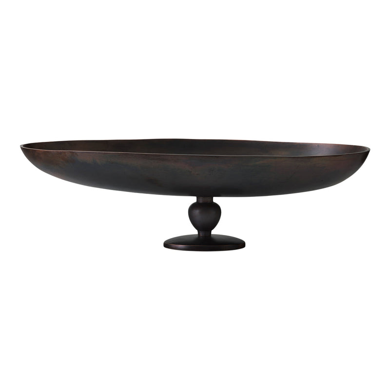 Black metal centerpiece bowl with a smooth, round shape and subtle bronze accents. Perfect for any decor style.
