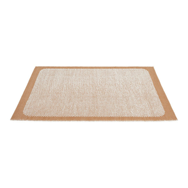Beige and white textured rug with a geometric pattern and contrasting borders, adding warmth to any space.