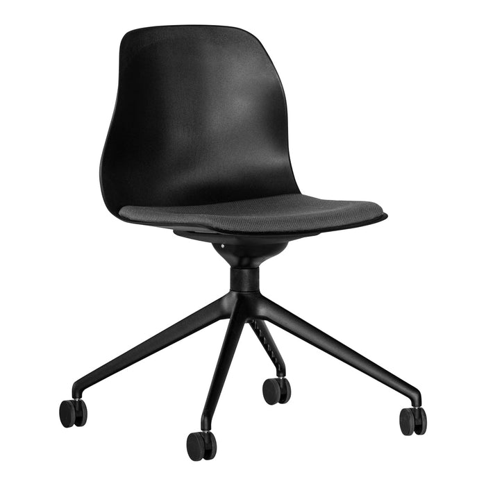 Black swivel chair with a smooth surface and a textured gray seat, featuring a sleek, minimalist design.