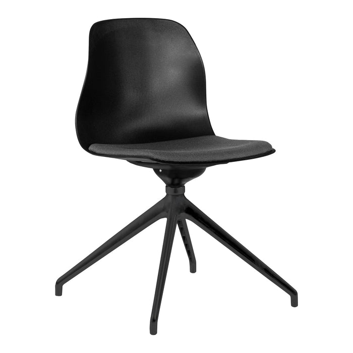 Black chair with a smooth plastic finish and textured fabric seat, featuring a sleek black base and minimalist design.
