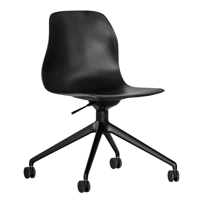 Sleek black ergonomic office chair with a smooth, minimalist design and five-wheeled base. Ideal for any workspace.