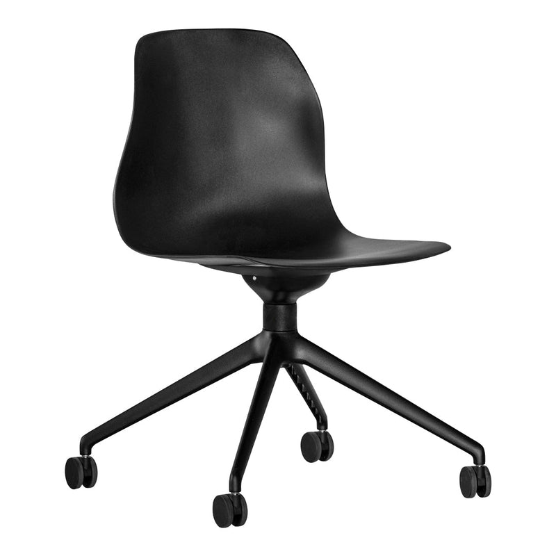Glossy black chair with a sleek design and smooth surface, featuring a sturdy black base and rolling wheels.