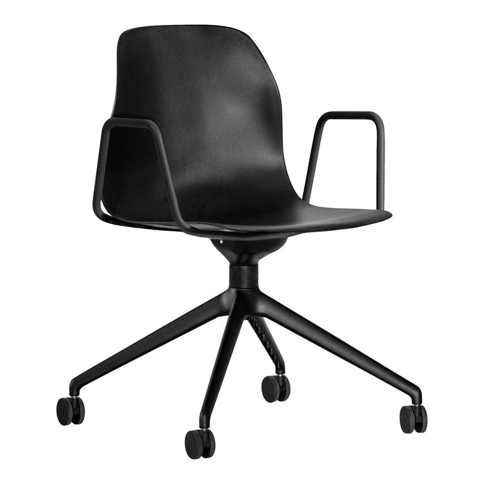 Black office chair with a sleek, minimalist design and smooth, matte finish. Perfect for modern workspaces.