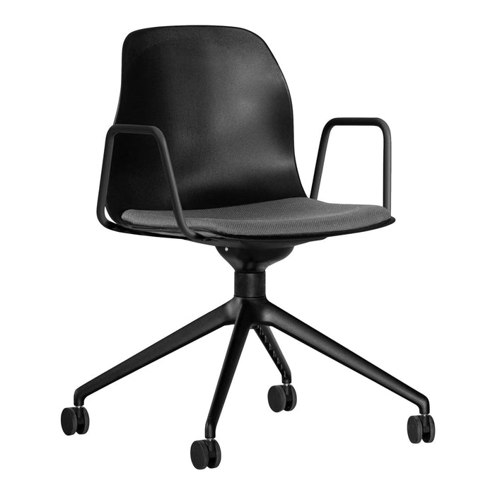 Black ergonomic chair with a textured gray seat, featuring a sleek modern design and rolling wheels.
