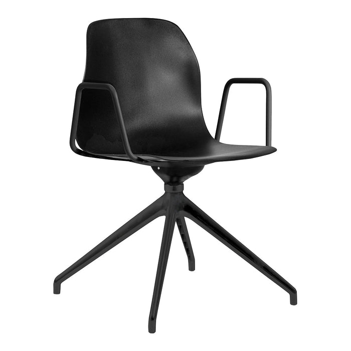Modern black chair with sleek lines and a minimalist design, featuring a smooth matte finish and sturdy base.