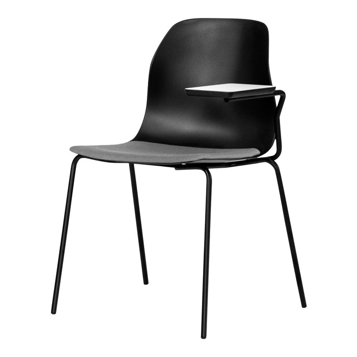 Black chair with a sleek design and textured gray seat, featuring a white writing surface. Modern and minimalist style.