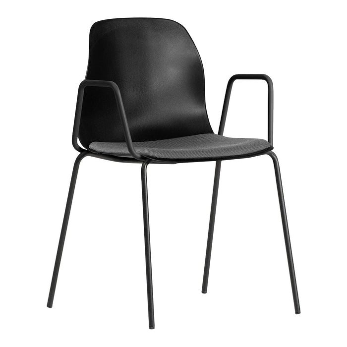 Black chair with a smooth matte finish and grey textured seat, featuring sleek, minimalist design.