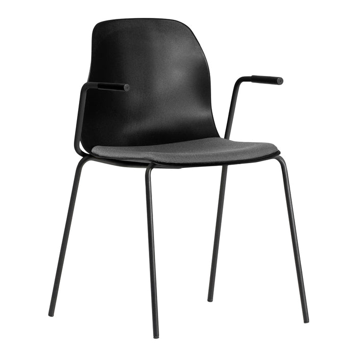 Black chair with a sleek design, featuring a matte finish and textured gray seat, perfect for modern interiors.