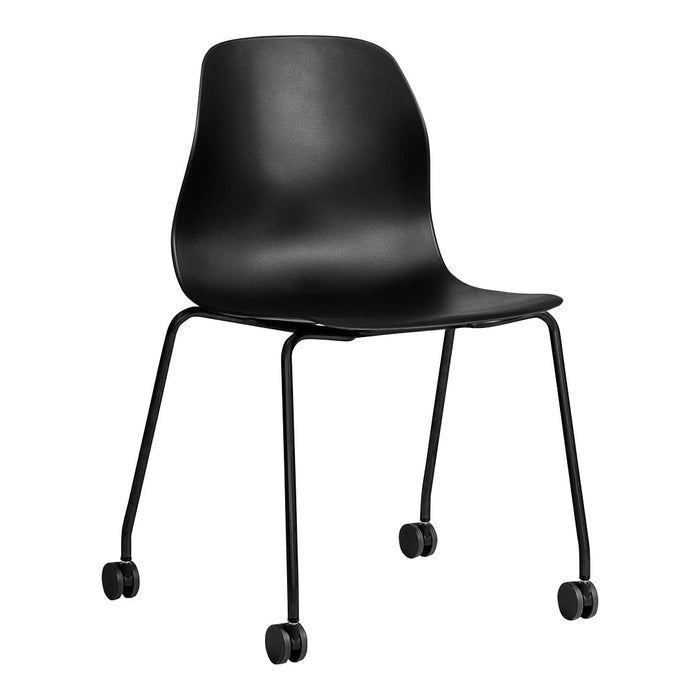 Sleek black chair with a smooth, matte finish and minimalist design, featuring thin black metal legs and dual wheels.