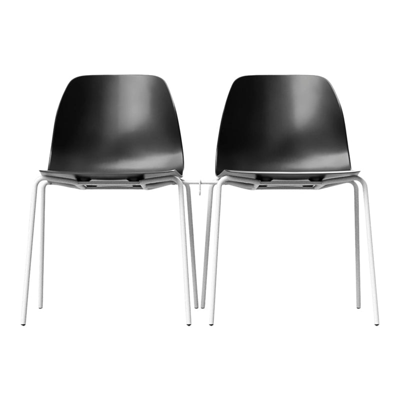 Two sleek black chairs with shiny plastic seats and minimalistic white metal legs, featured in a modern design.